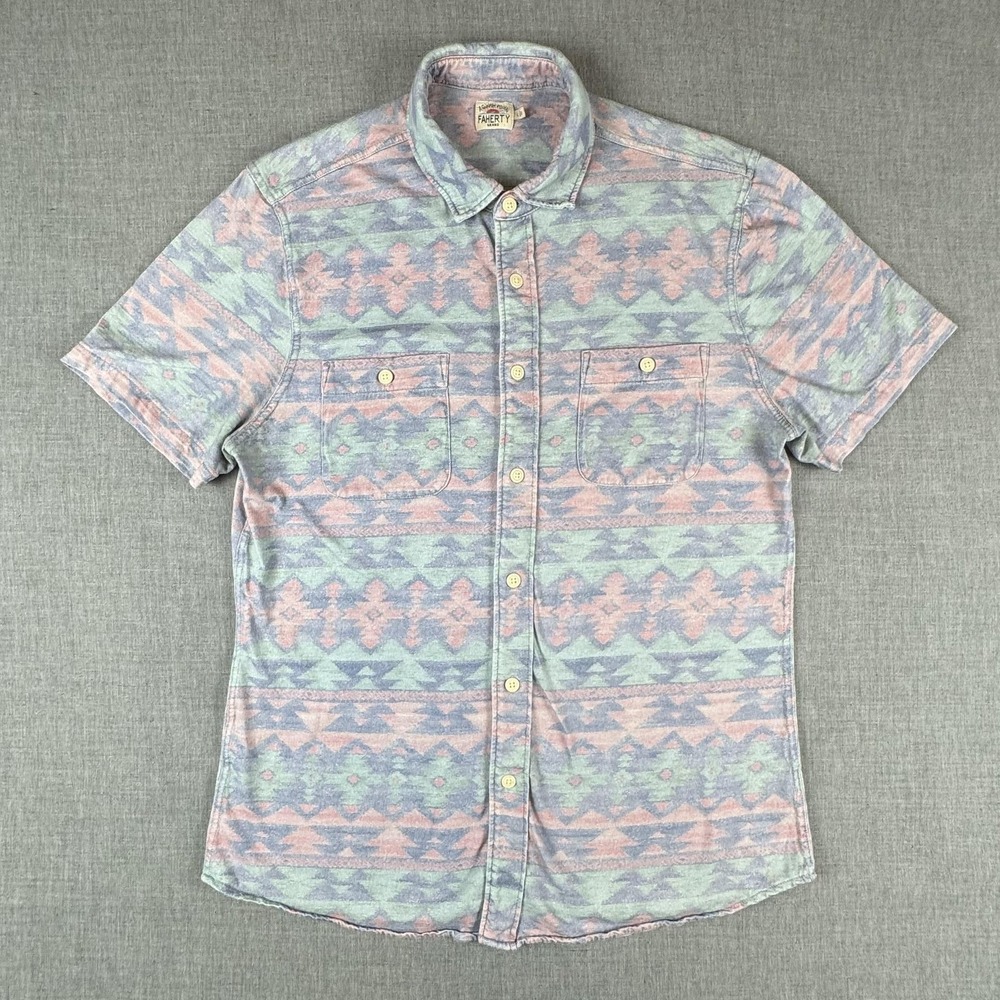 Faherty Shirt Mens Large Multicolor Aztec Southwestern Short Sleeve Button Up